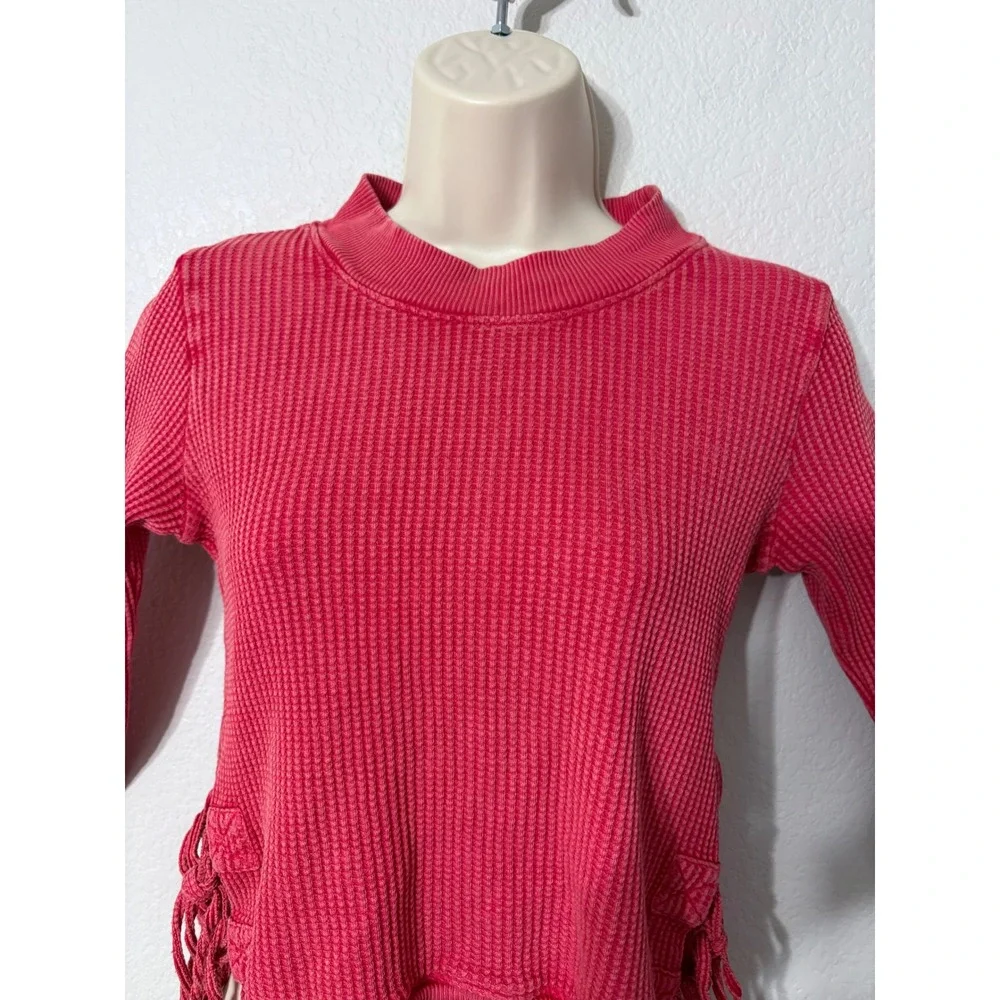 Free People FP One Interlaken Thermal Top Red Waffle Knit Lace Up Side Tassel XS